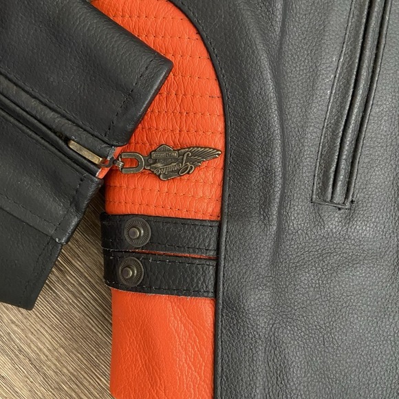 Vintage Harley Davidson Men's USA Genuine Black Orange Leather Riding Jacket 3XL - Picture 2 of 11